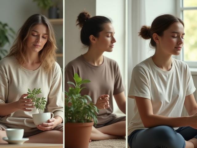 Diverse group of adults engaged in mindful activities like gardening or light exercise with serene expressions.